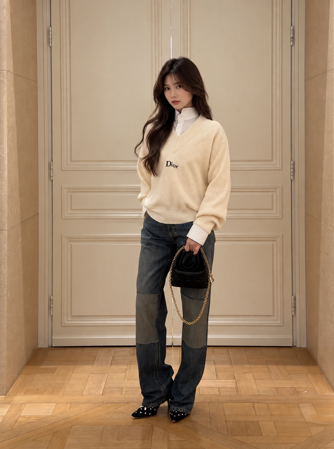 [DIOR] 디올 로고 자수 V넥 울 캐시미어 니트