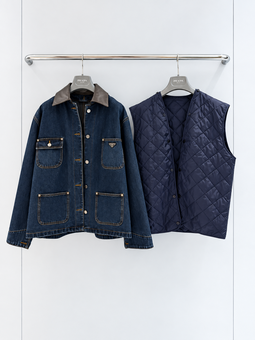 [PRADA] 프라다 레더 칼라 데님 재킷 & 퀼팅 베스트