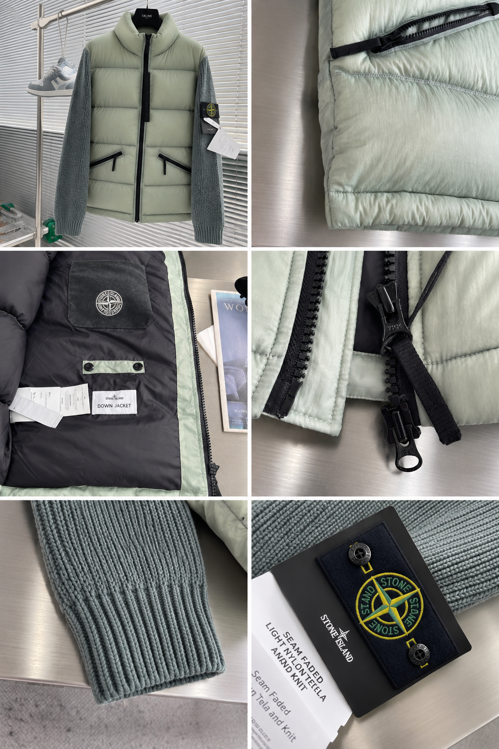 [STONE ISLAND] 스톤 아일랜드 배지 로고 패치워크 니트 다운 재킷