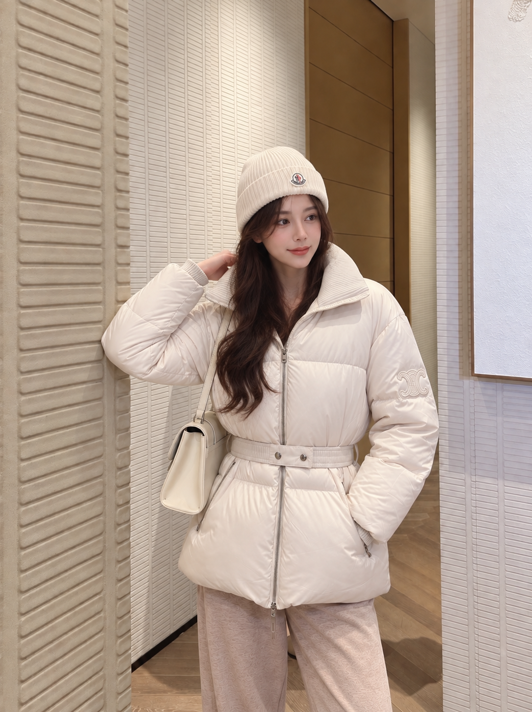 CEL 트리옹프 레더 패치 하이넥 구스다운 재킷
