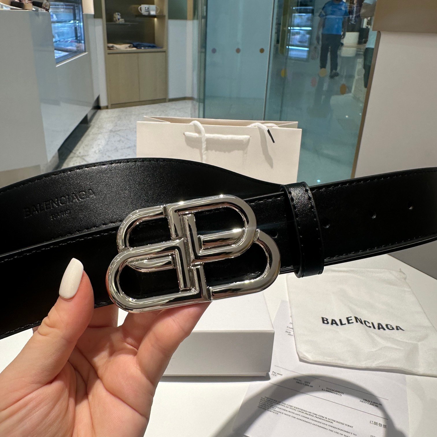 발렌시*가 BB 로고 버클 레더 벨트