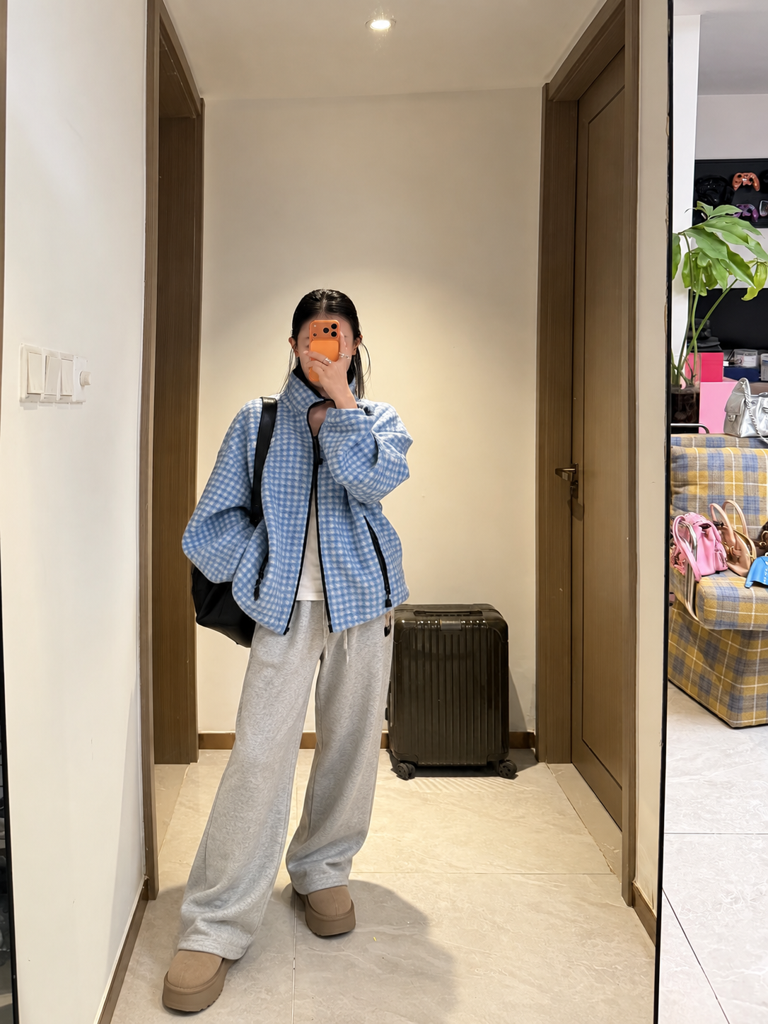 [MIU MIU] 미우미우 블루 화이트 체크 플리스 집업 재킷