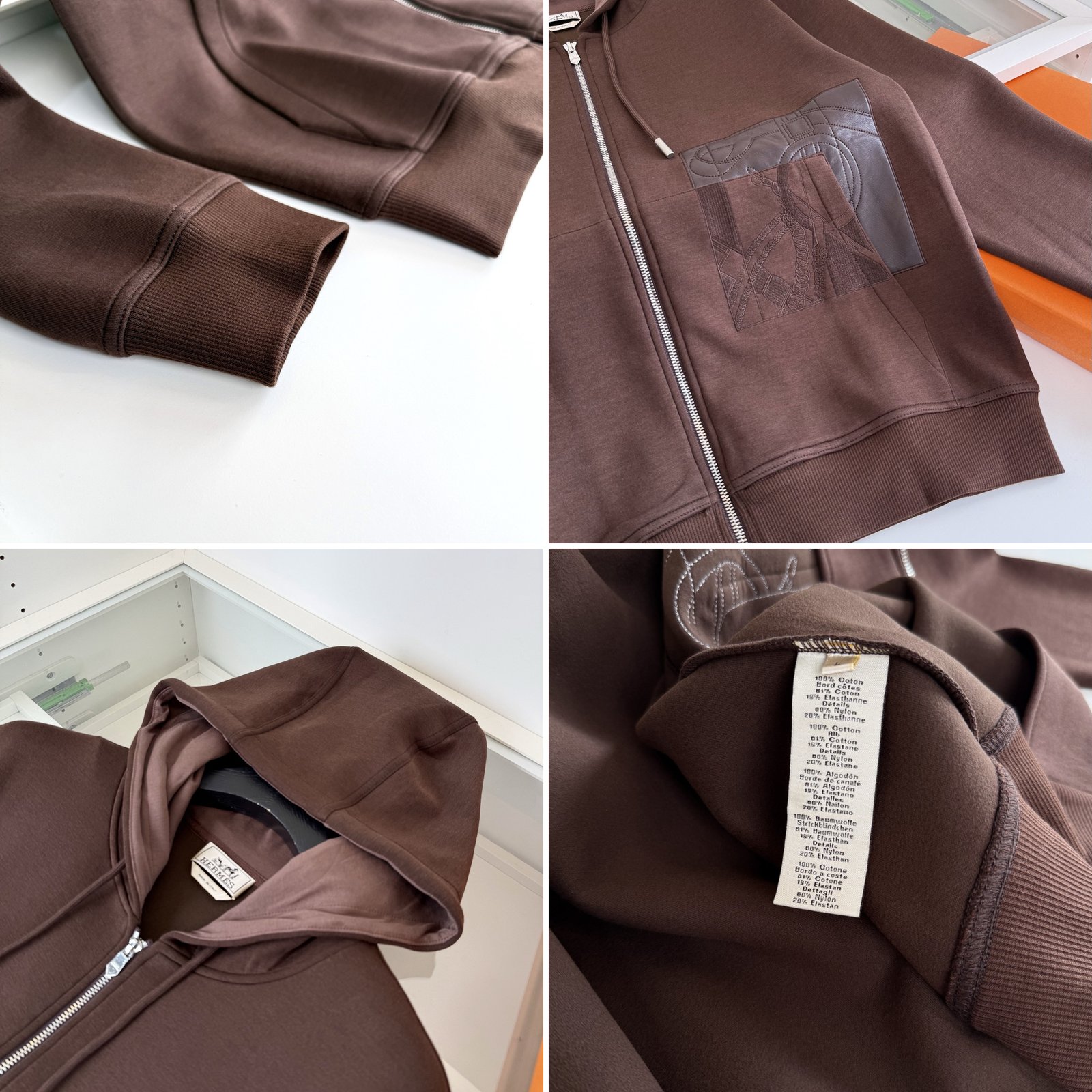 [HERMÈS] 에르메스 레더 패치 자수 후드 집업