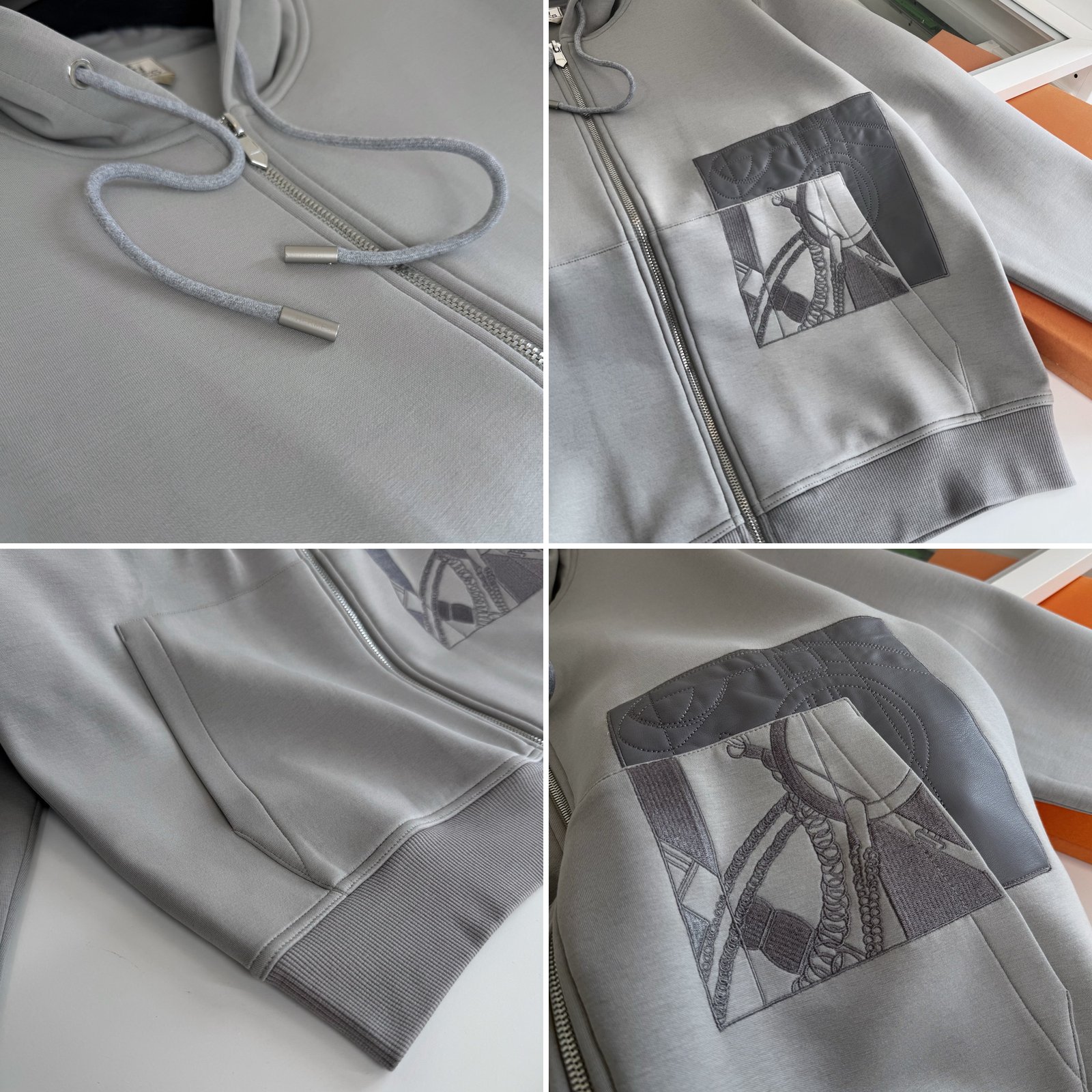 [HERMÈS] 에르메스 레더 패치 자수 후드 집업