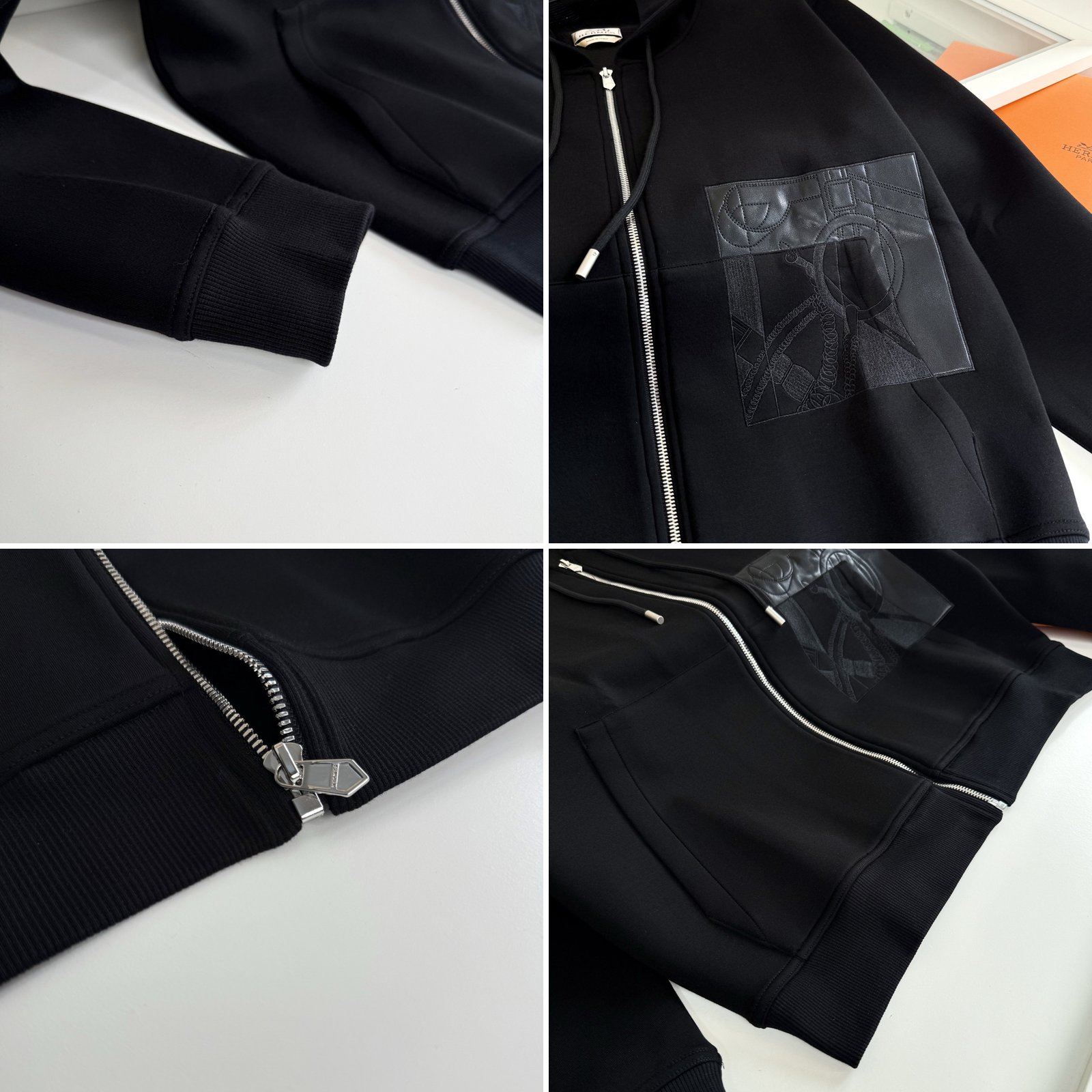 [HERMÈS] 에르메스 레더 패치 자수 후드 집업
