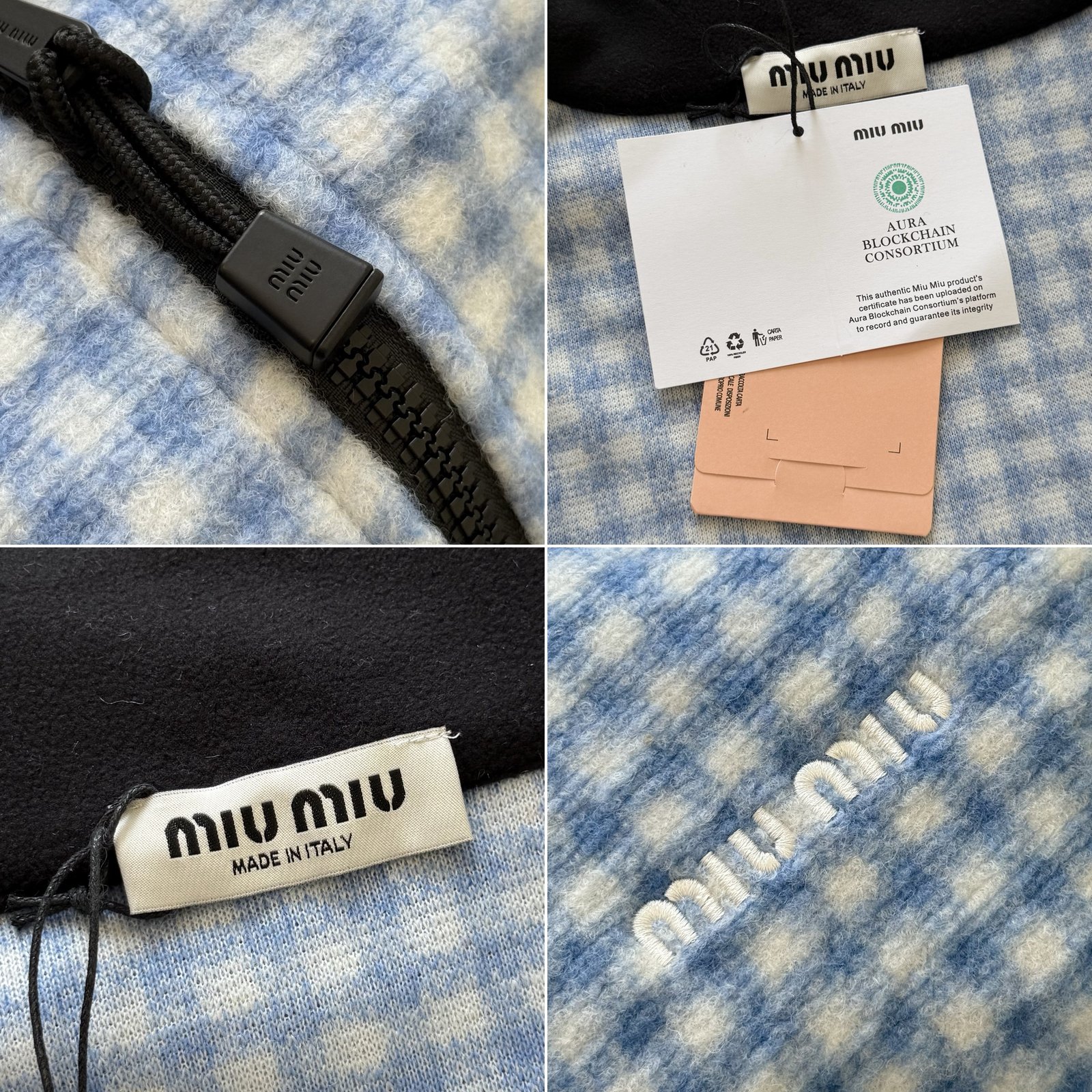 [MIU MIU] 미우미우 블루 화이트 체크 플리스 집업 재킷