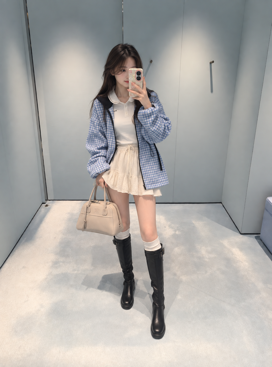 [MIU MIU] 미우미우 블루 화이트 체크 플리스 집업 재킷