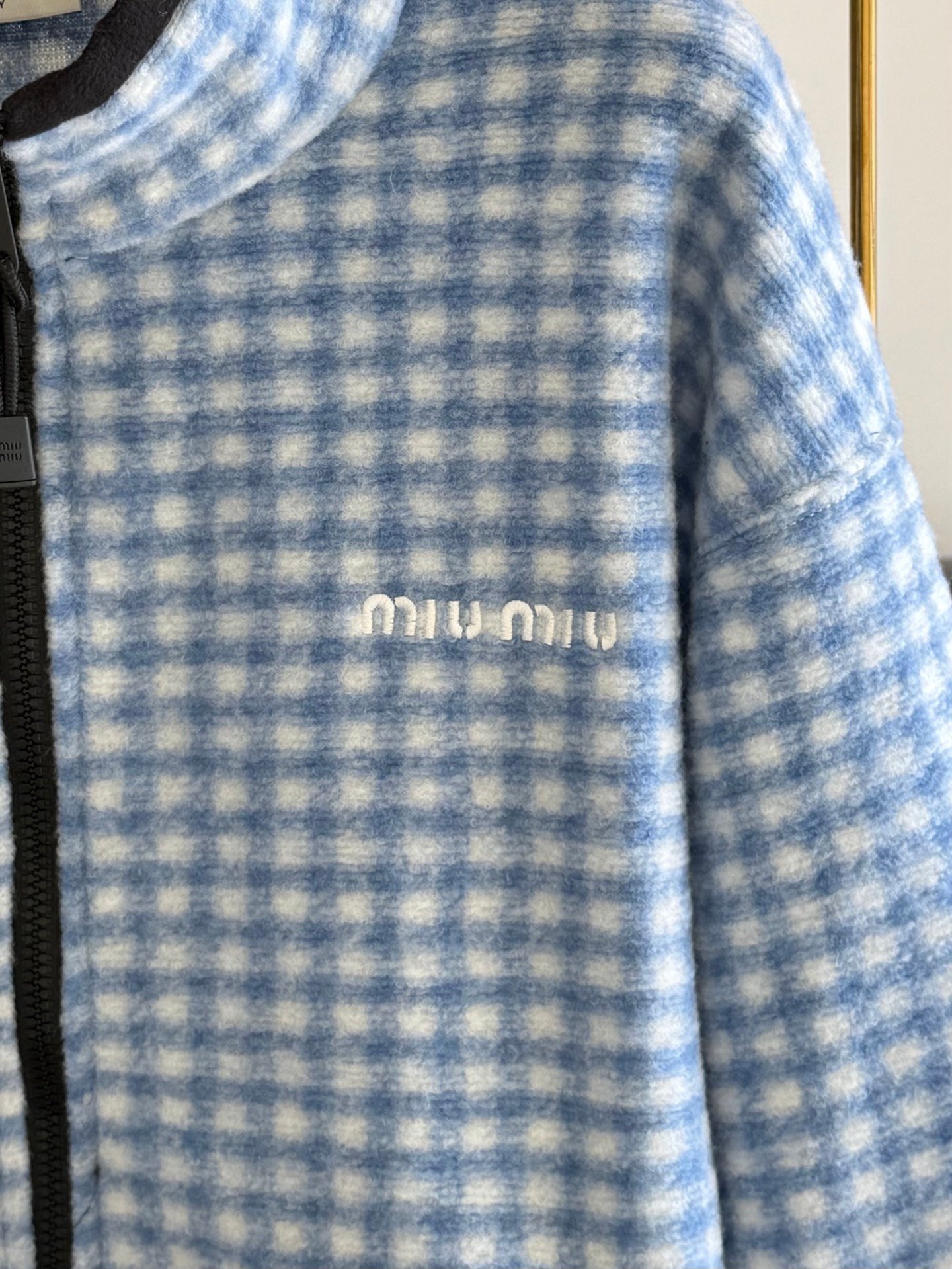 [MIU MIU] 미우미우 블루 화이트 체크 플리스 집업 재킷